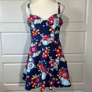 ModCloth‎ Floral Print Fit & Flare Dress Navy Blue Sweetheart Neckline L